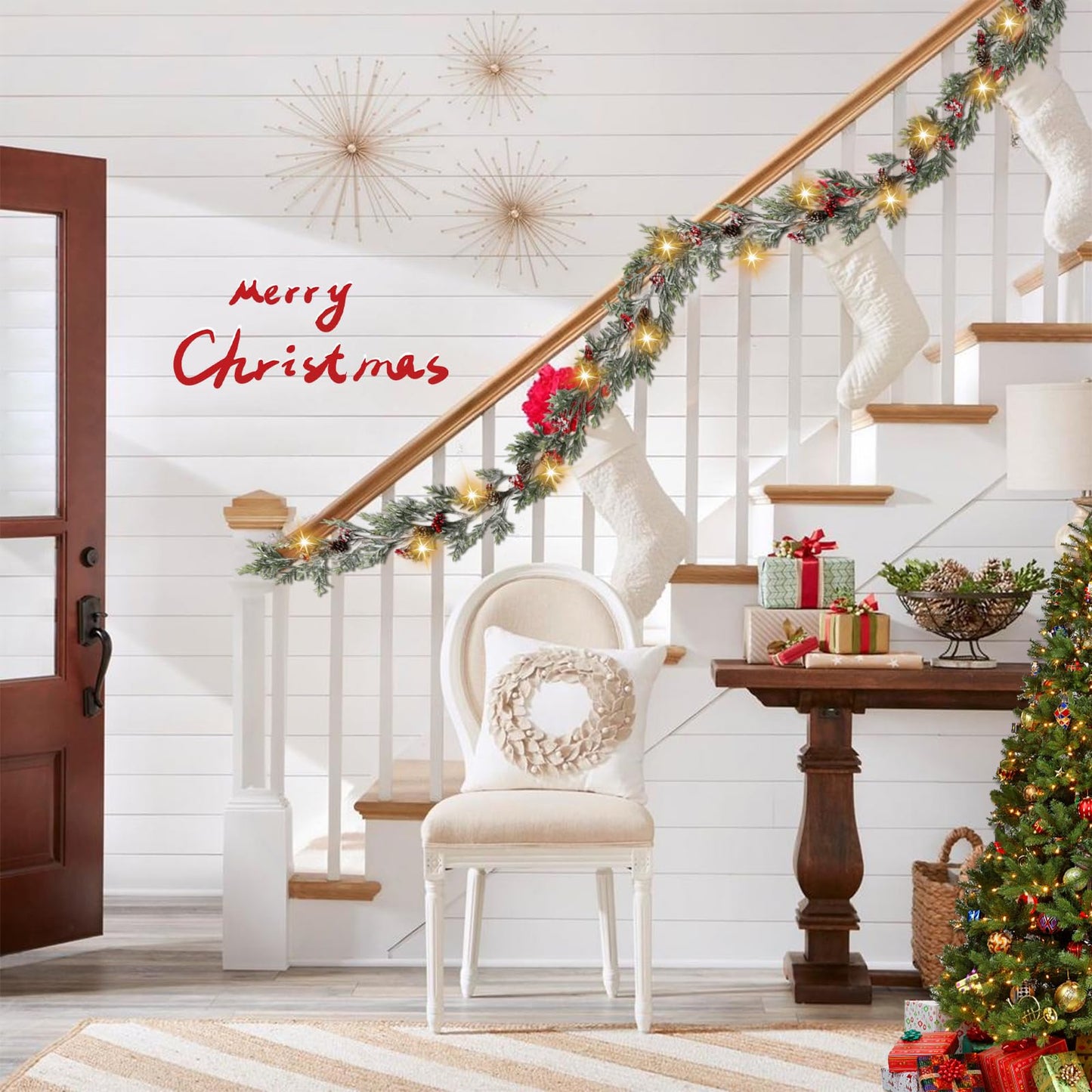 OZFHUA 6 FT Christmas Garland with Lights - Pre-Lit Artificial Christmas Garland, Flocked Garland with Red Berries Pine Cones for Decoration, Mantle Stairs Railing Home Xmas Decoration Indoor