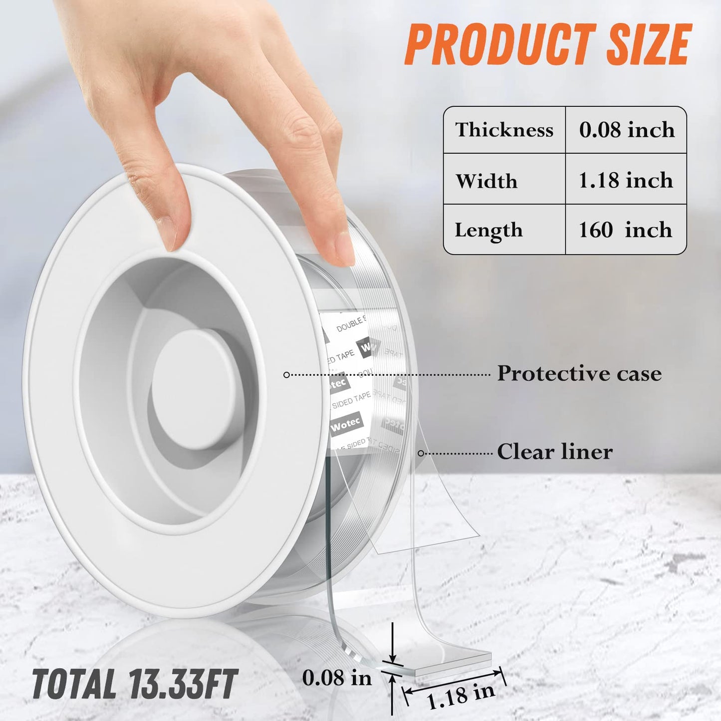 Wotec Extra Large Double Sided Tape Heavy Duty Removable 1.18 Inch x 160 Inch, Clear & Tough Nano Tape, Multipurpose Mounting Tape Picture Hanging Strips Adhesive for Poster Carpet