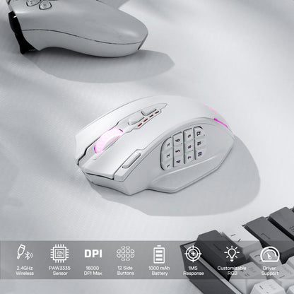 Redragon M913 Impact Elite Wireless Gaming Mouse, 16000 DPI Wired/Wireless RGB Mouse with 16 Programmable Buttons, 45 Hr Battery and Pro Optical Sensor, 12 Side Buttons MMO Mous