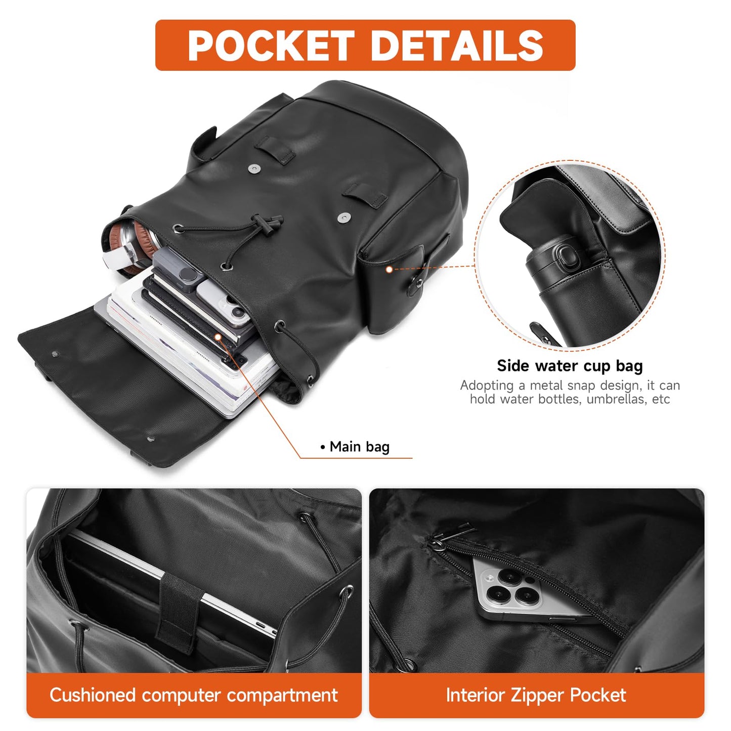 MATE ELAN Leather Backpack Waterproof Fit 15.6 Inch Laptop Vintage Drawstring Design Large Capacity Travel Sports Outdoor Casual Black Men Women College Backpack