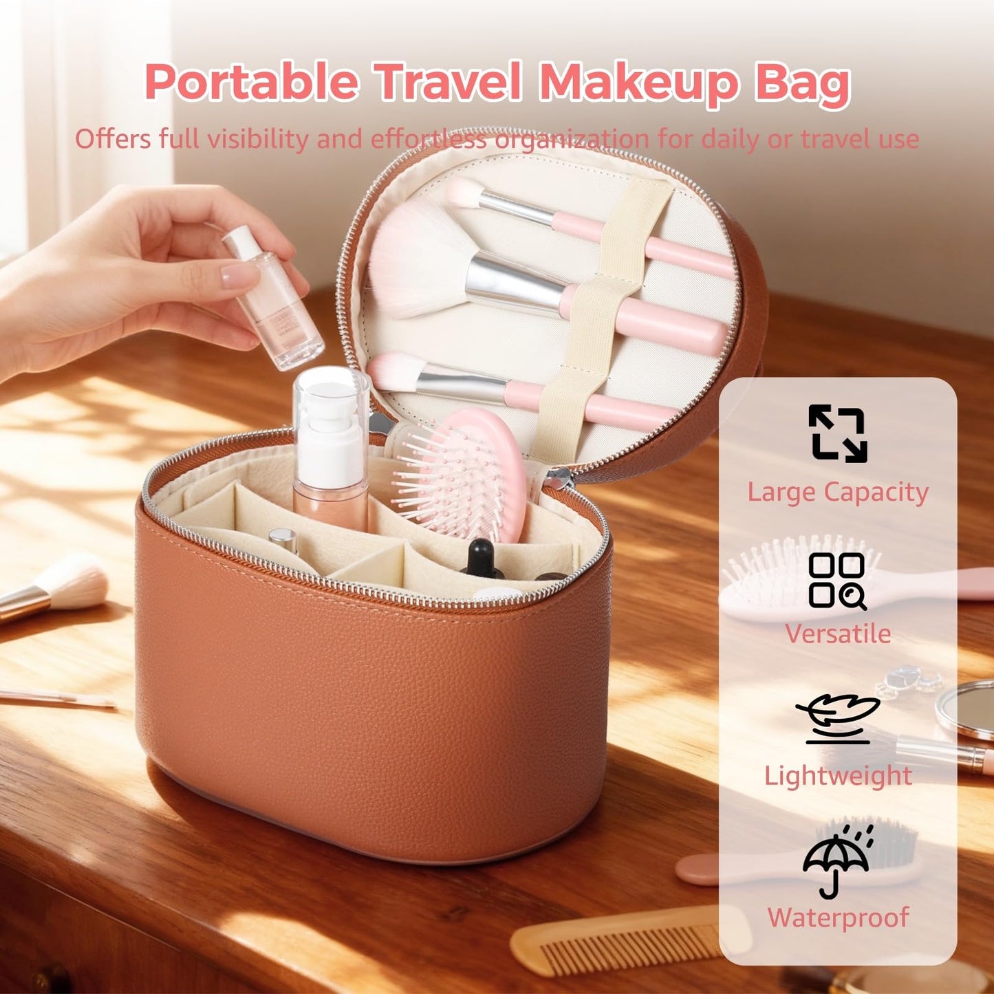 Makeup Vanity Bag for Women - Large Capacity Cosmetic Organizer with Removable Liner, Waterproof PU Leather Skincare Bag, Portable Chic Cosmetic Make Up Case for Skincare, Brushes, Accessories, Brown