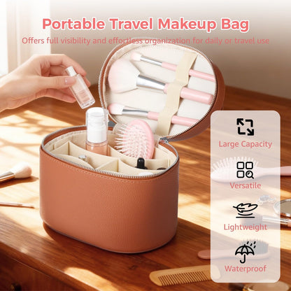 Makeup Vanity Bag for Women - Large Capacity Cosmetic Organizer with Removable Liner, Waterproof PU Leather Skincare Bag, Portable Chic Cosmetic Make Up Case for Skincare, Brushes, Accessories, Brown