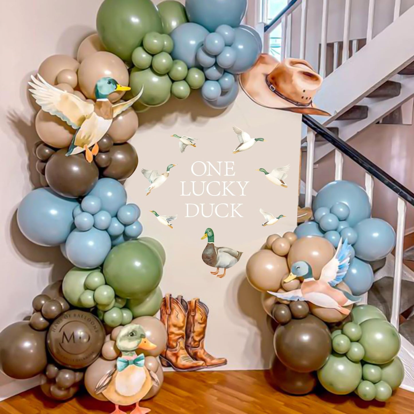 FYSUIMU One Lucky Duck First Birthday Decal Mallard Duck Backdrop Party Stickers Animal Theme 1st Birthday Sign Decal for Balloon Arch Baby Shower