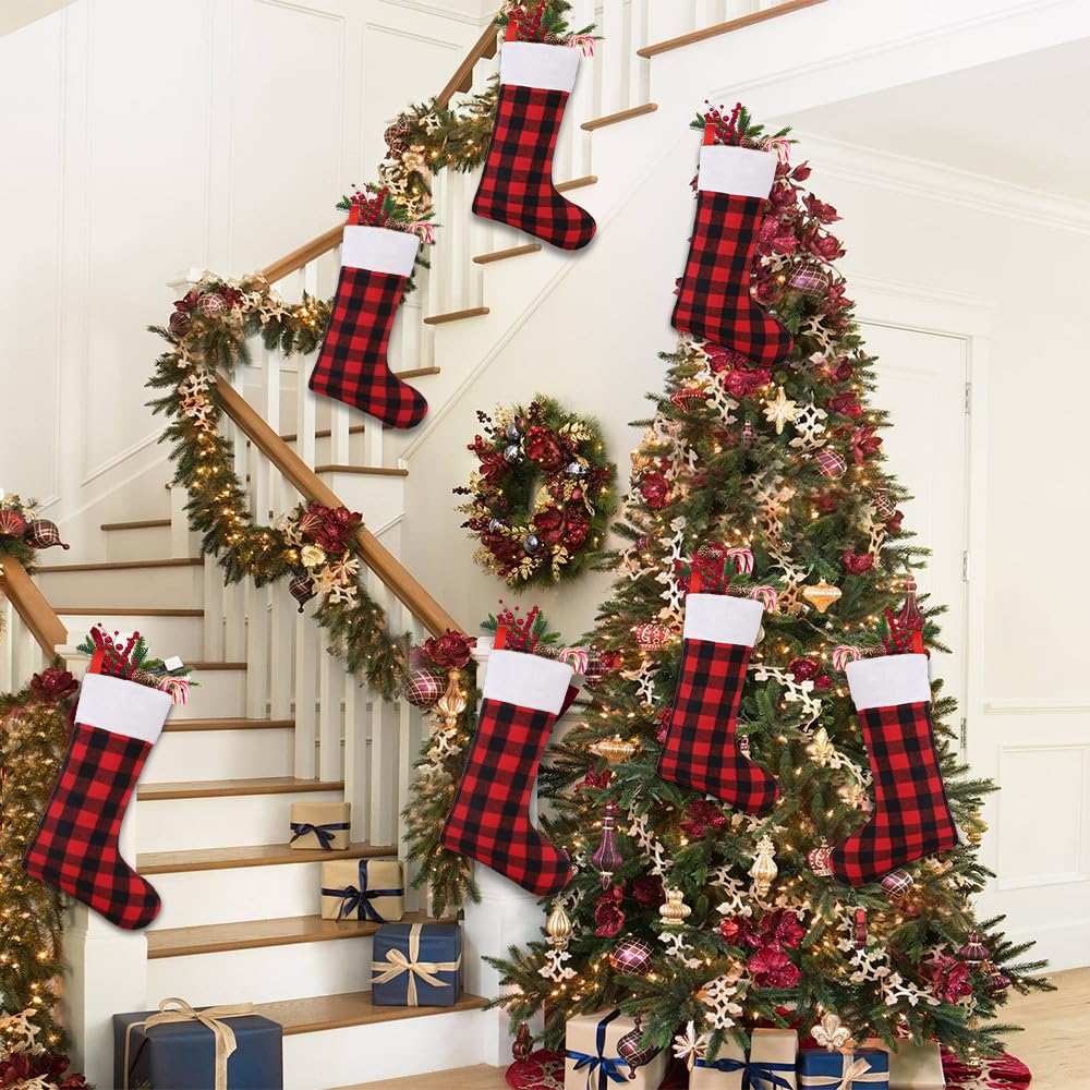 YUJUN 6 Pack 22 Inches Christmas Stockings, Xmas Large Black Red Buffalo Plaid Hanging Stockings Decorations for Christmas Tree Fireplace Family Holiday Party Decor