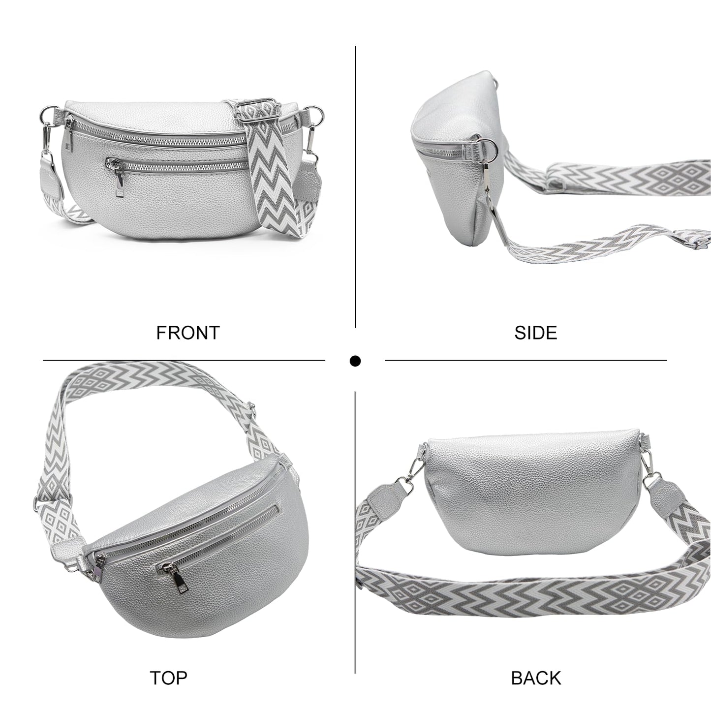 Long Keeper Crossbody Bags for Women Vegan Leather Trendy Sling Chest Bag with Adjustable Wide Strap Small Travel Fanny Pack (Silver)