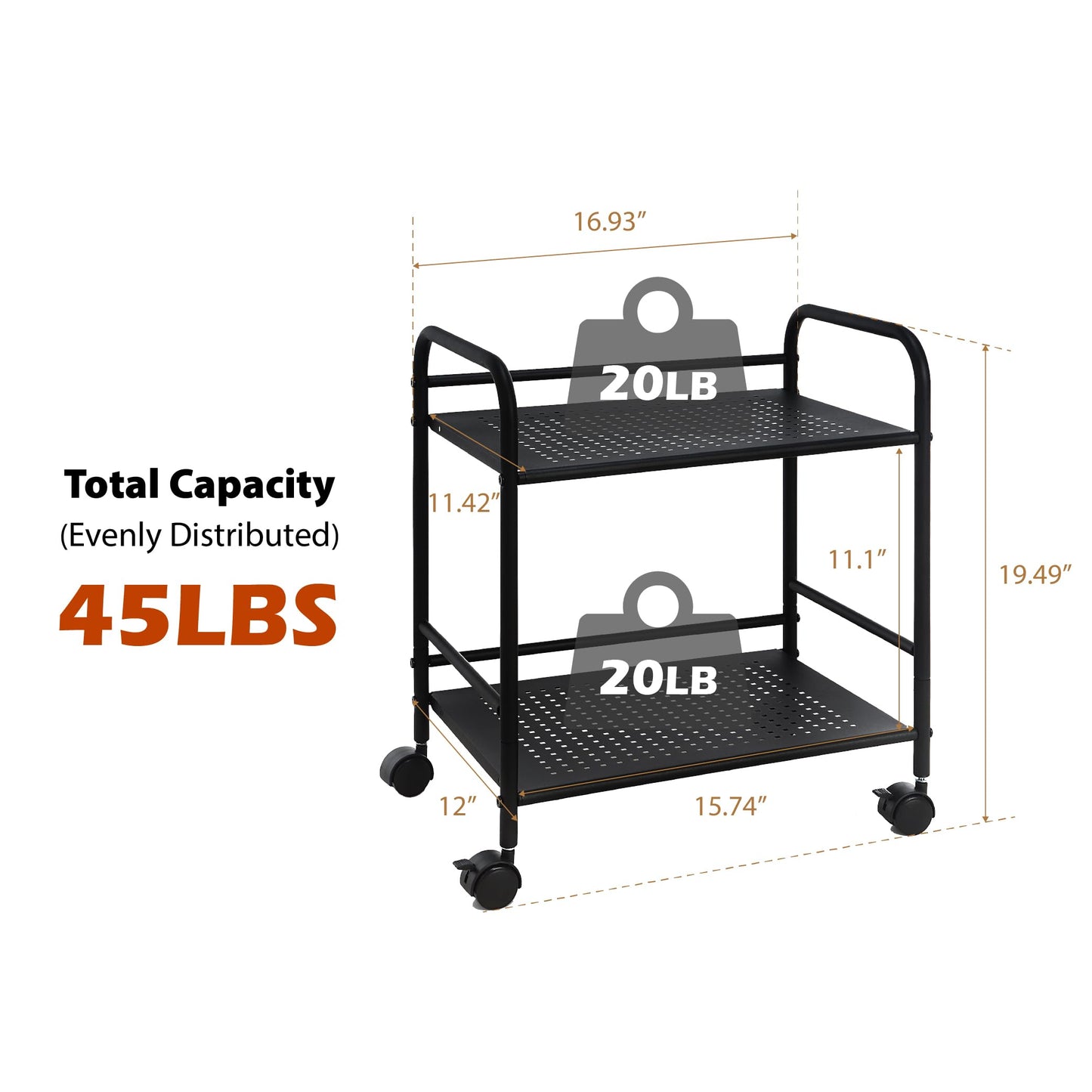 SunnyPoint 2-Tier Metal Rolling Utility Cart – Mobile Storage Shelf with Caster Wheels – Small Space Organizer for Home, Office, Bedroom, Kitchen (BLK)