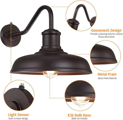 13.8'' Large Dusk to Dawn Outdoor Gooseneck Barn Light, 2-Pack Outdoor Wall Sconce Farmhouse Exterior Light Wall Lighting Fixture Industrial Lantern for Porch, Entryway, Garage, Brown