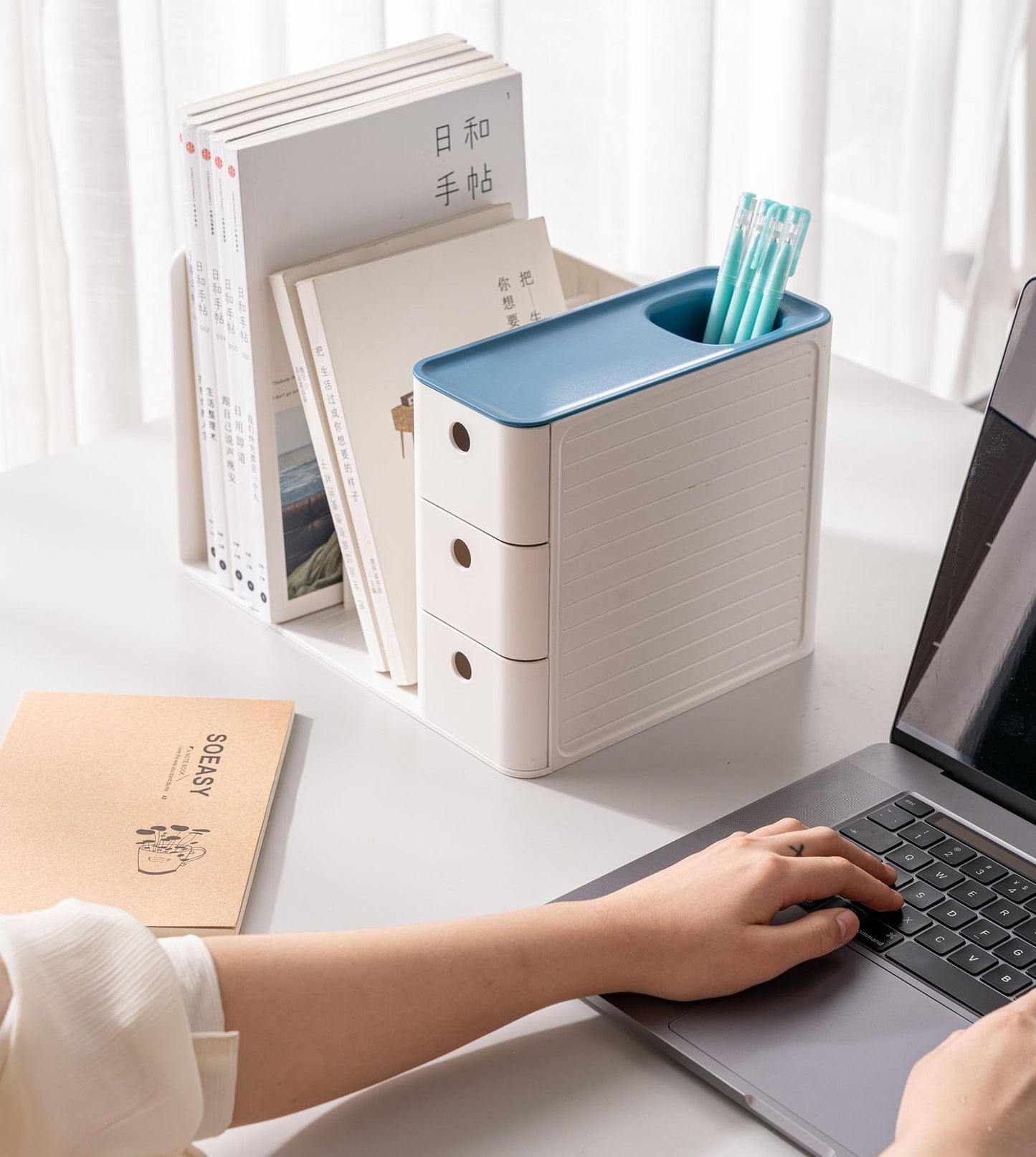 HKeeper White Plastic Desktop Organizer with File slots,3-tier Drawers with Pen Holder,Book Stand for Office Supplies and Desk Accessories (White+Grey)