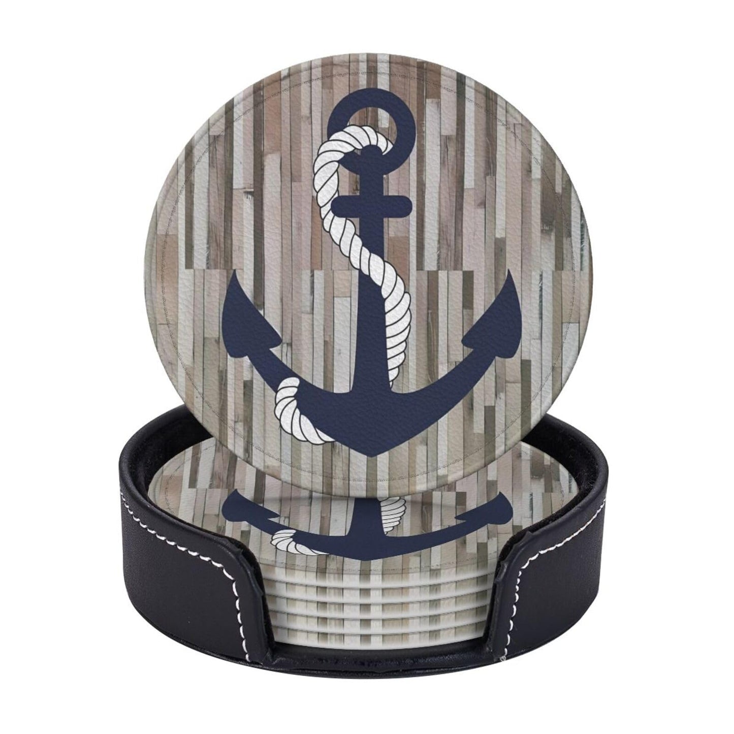 Nautical Navy Blue Anchor Wood Plank Premium Leather Coasters - Set of 6 with Holder, Stylish Beverage Coasters for Kitchen, Coffee and Home Decor