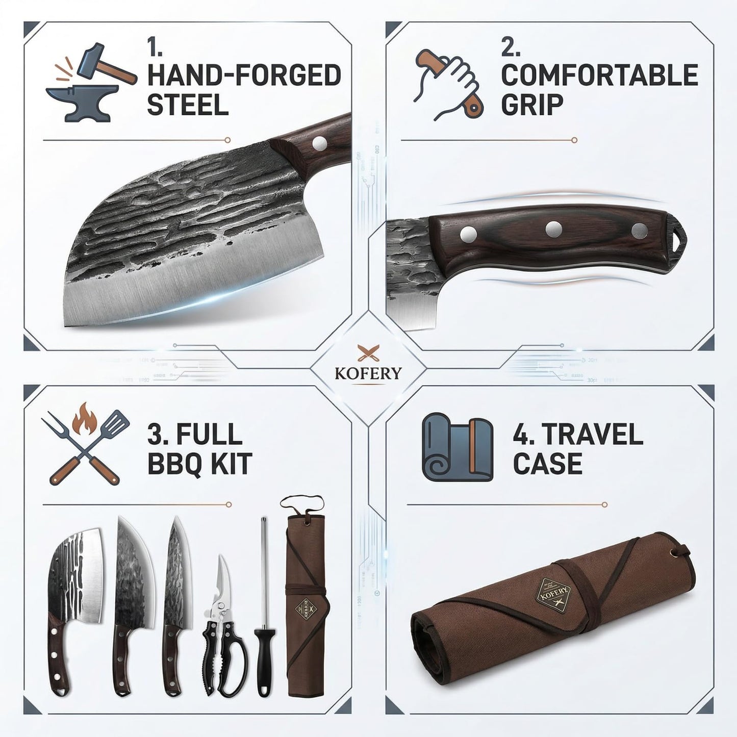 KOFERY Hand Forged Butcher Knife Set with Full Tang Damascus Steel for Pit Master BBQ, Smoking Meat and Meat Carving, Including Roll Bag, Shears and Sharpener for Outdoor Camping Gifts for Men