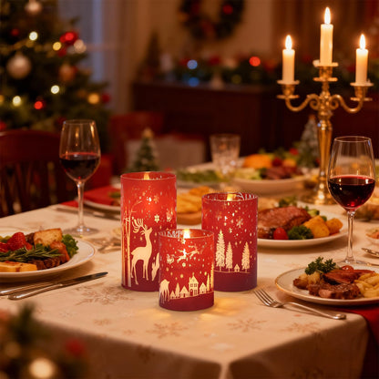 DRomance Christmas Flameless Candles Battery Operated with 10-Key Remote and Timer 3D Wick Flickering Electroplating Glass Reindeer LED Candles Indoor Holiday Decorations(Red, 3" D x 4", 5", 6" H)