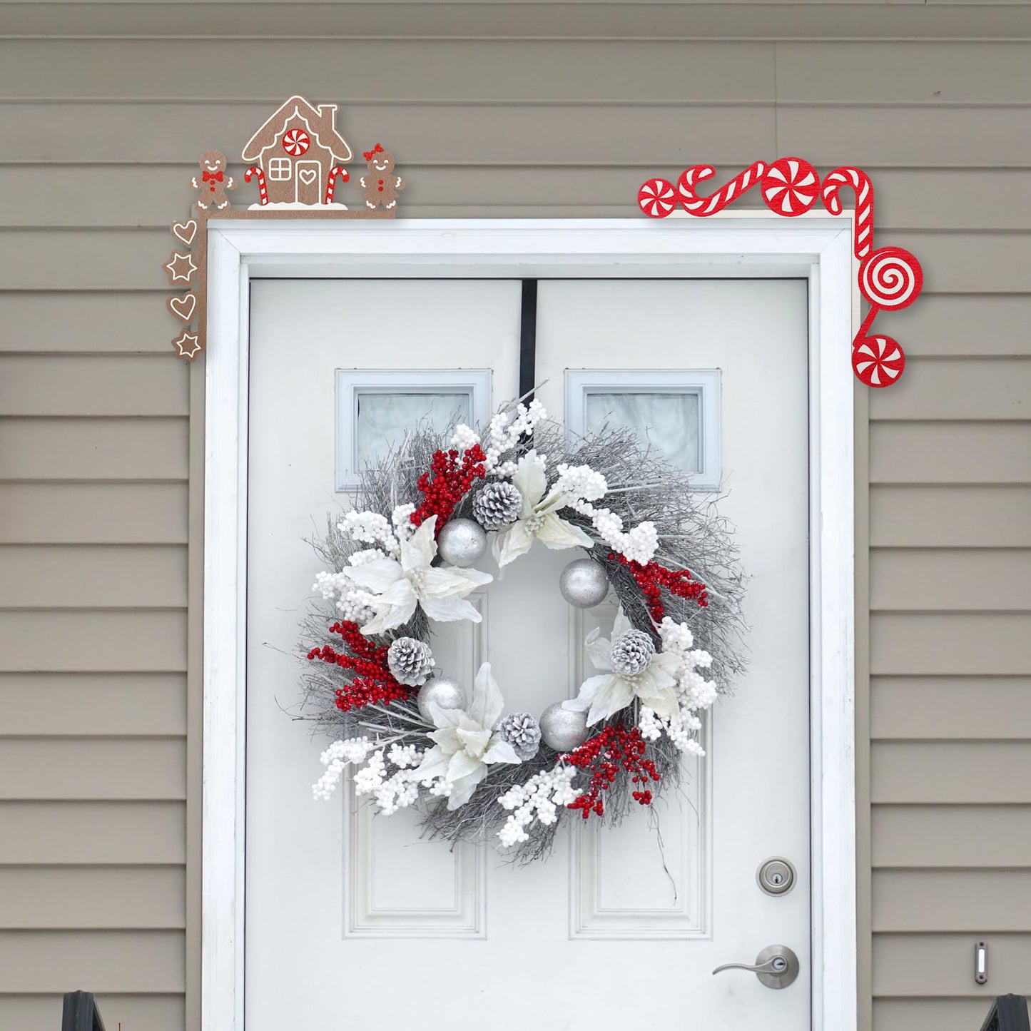 Briwooody 2 Pcs Christmas Door Topper Funny Gingerbread Candy Door Frame Corner Sign Decor Home Wooden Christmas Cabinet Knob Covers Party Ornament Props Gift for Wall Window DIY