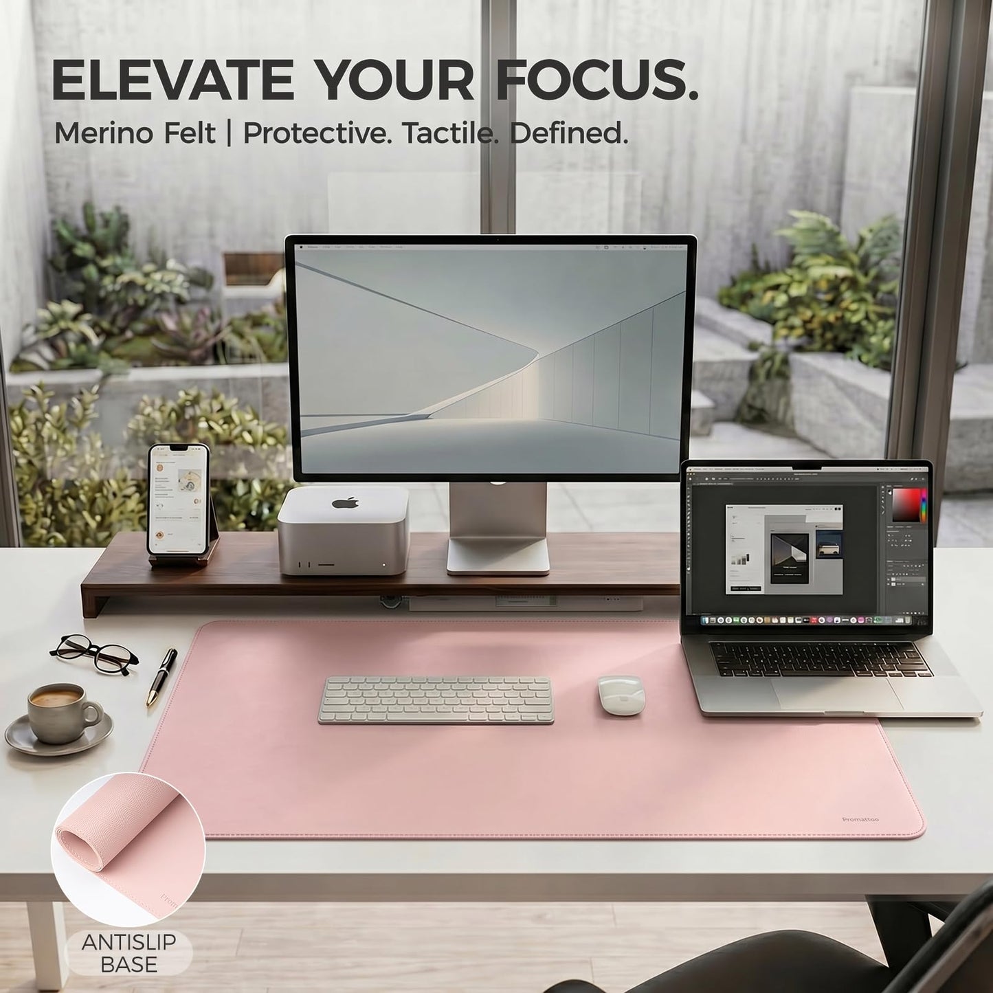 PROMATTOO Large Desk Pad Non-Slip Desk Mat Protector for Keyboard Mouse Waterproof Vegan Leather Surface Faux Leather Laptop Mat Smooth Mouse Pad Premium Gift Tube Sakura Pink 47" x 17"