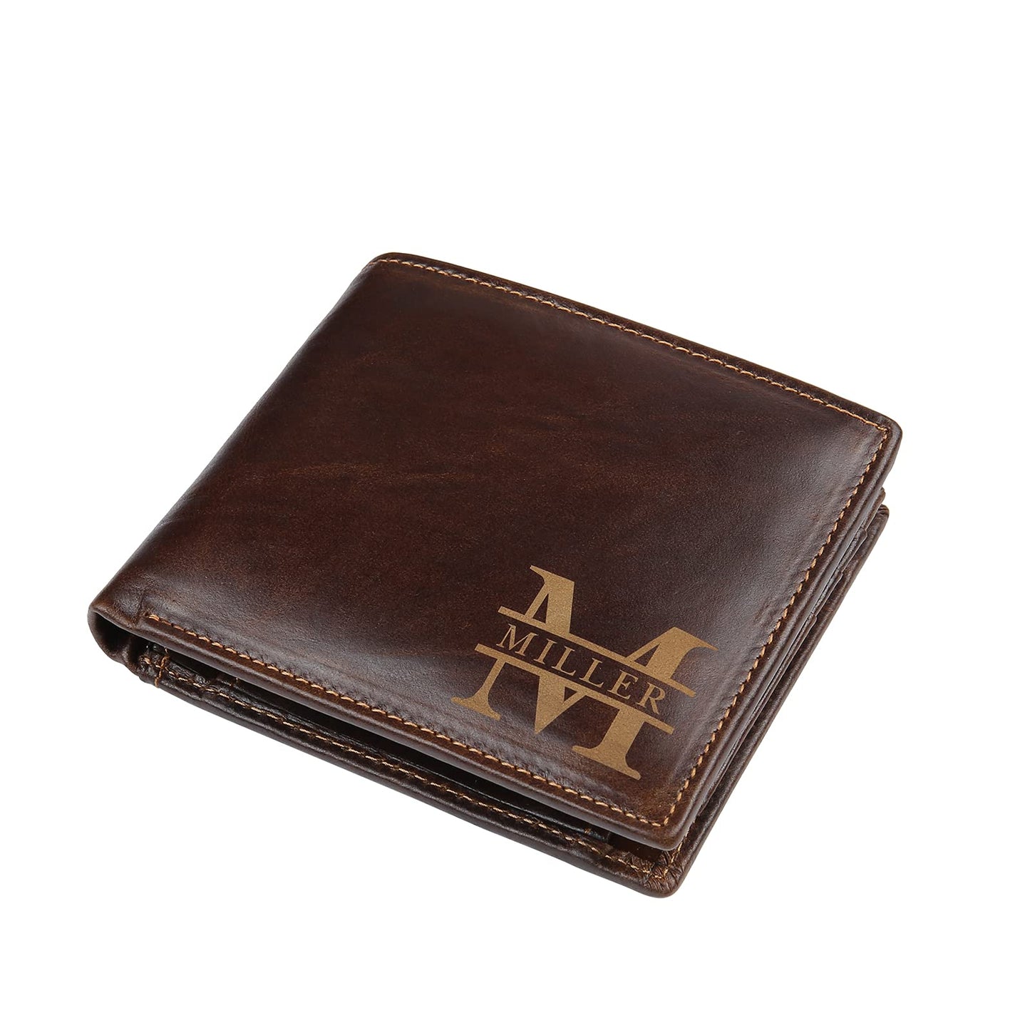 Glooraca Personalized Leather Wallet for Men, Custom Engraved Name & Initials Gift for Dad Father's Day, Genuine Leather RFID Blocking Bifold Thin Wallet (Color 1)