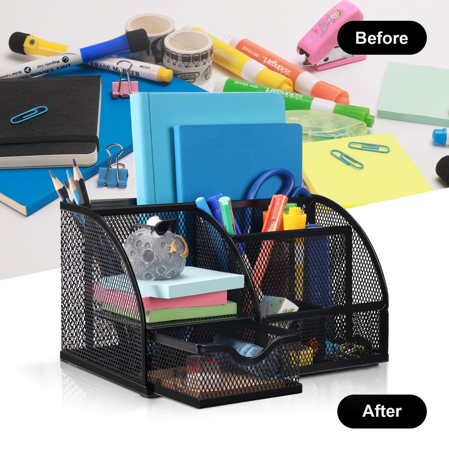 Comix Mesh Pen Pencil Holder Desk Organizer, 7 Compartment Wire Desktop Pen Pencil Cup Caddy Office Supplies for Home Office School, Black
