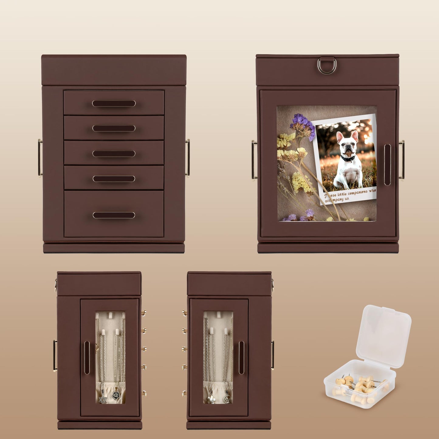 Kendal 360° Rotating Jewelry Box - Brown PU Leather Jewelry Organizer with Shadow Box & Pinboard, Detachable Top Tray, Drawers & Push Pins for Personalized Accessory Display & Storage