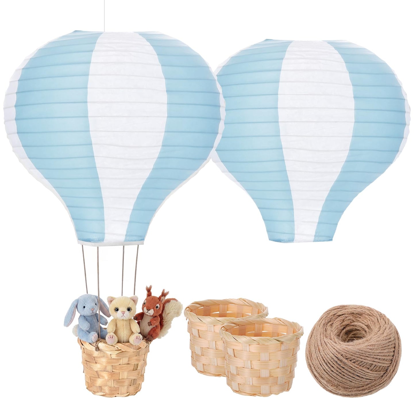 Meooeck 2 Pcs Hanging Hot Air Balloon Nursery Decor 15.7 Inch Paper Hot Air Balloon Centerpieces Reusable Paper Lanterns Set for DIY Craft Wedding Birthday Christmas Living Room Home, Blue White
