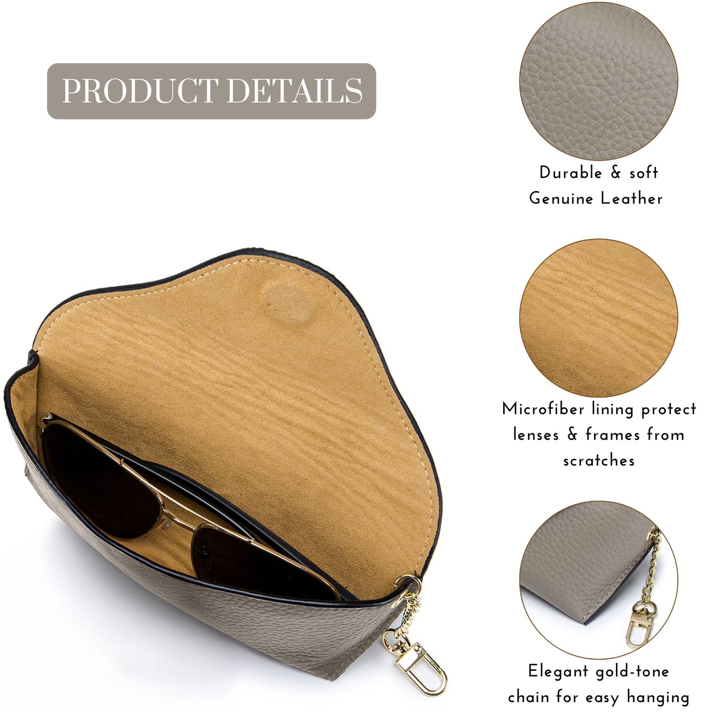 EutDett Genuine Leather Sunglasses Case, Portable Soft Travel Sun Glasses Case with Hanging Hook, Eye Glasses Storage Shell Pouch for Women Men