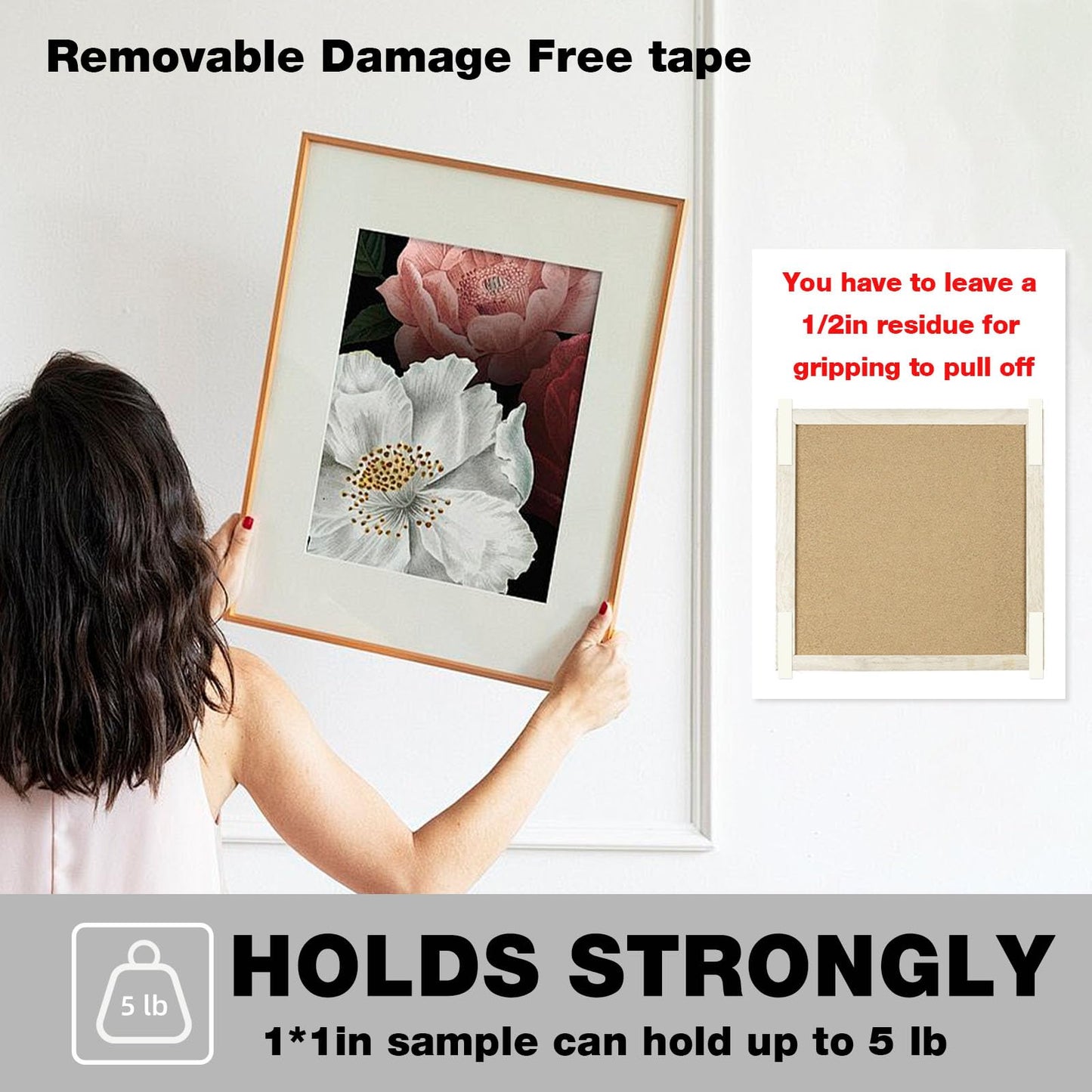 Hasaky Damage Free Removable Wall Tape 18ft, Rug Gripper Heavy Duty Double Sided Tape Black, Picture Hanging Strips Replacement, Mounting Tape Adhesive Strips