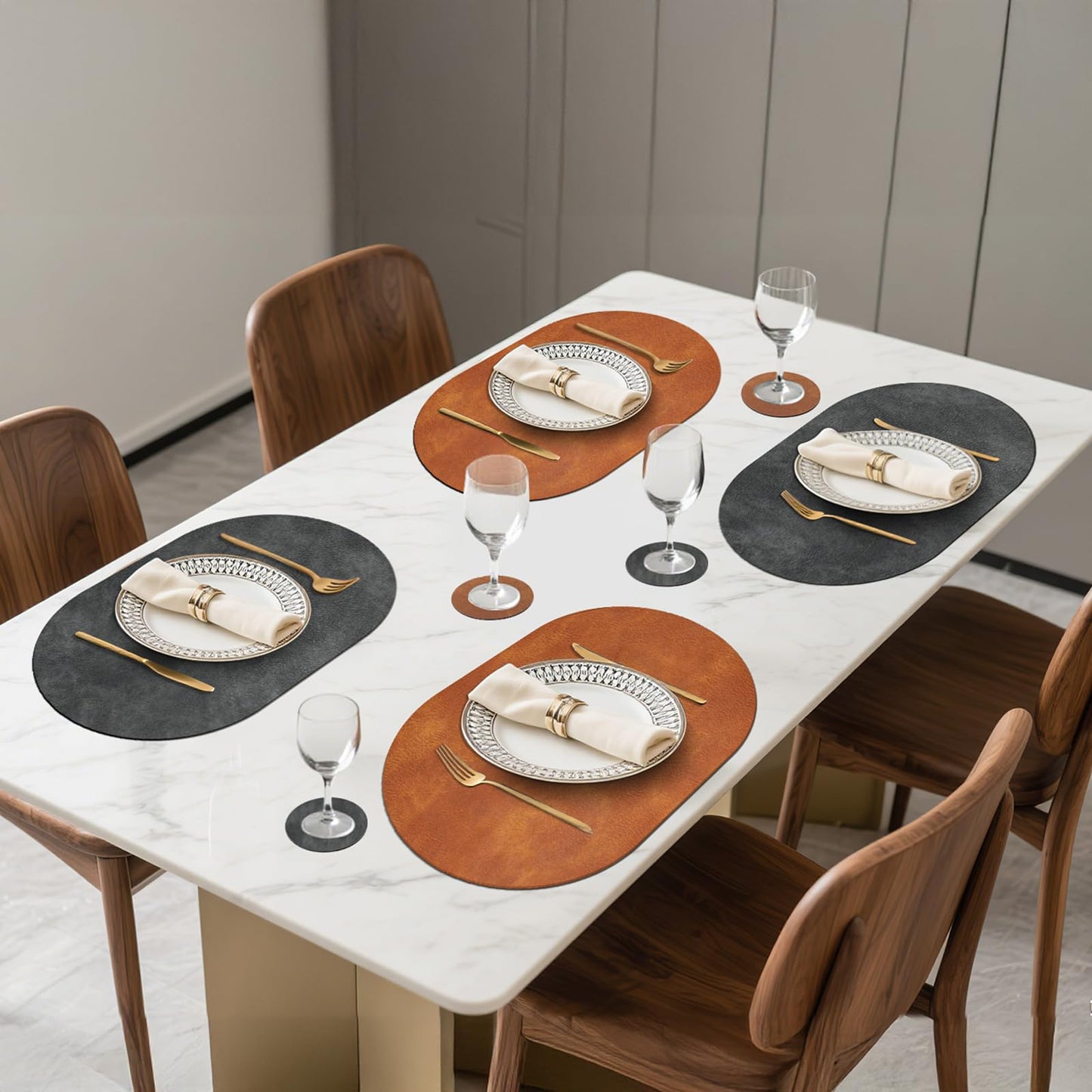Pixieora Oval Placemats and Coasters Set of 8, Washable Reversible Faux Leather Placemats Cowhide Pattern Place Mats Wipeable Non-Slip 12 x 17 inch Kitchen Dining Table Mats (Gray Brown, 8)