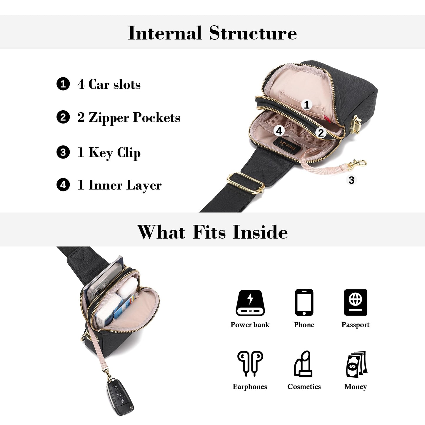INICAT Genuine Leather Small Sling Bag Anti Theft Crossbody Bags Travel Purses for Woman(Black)