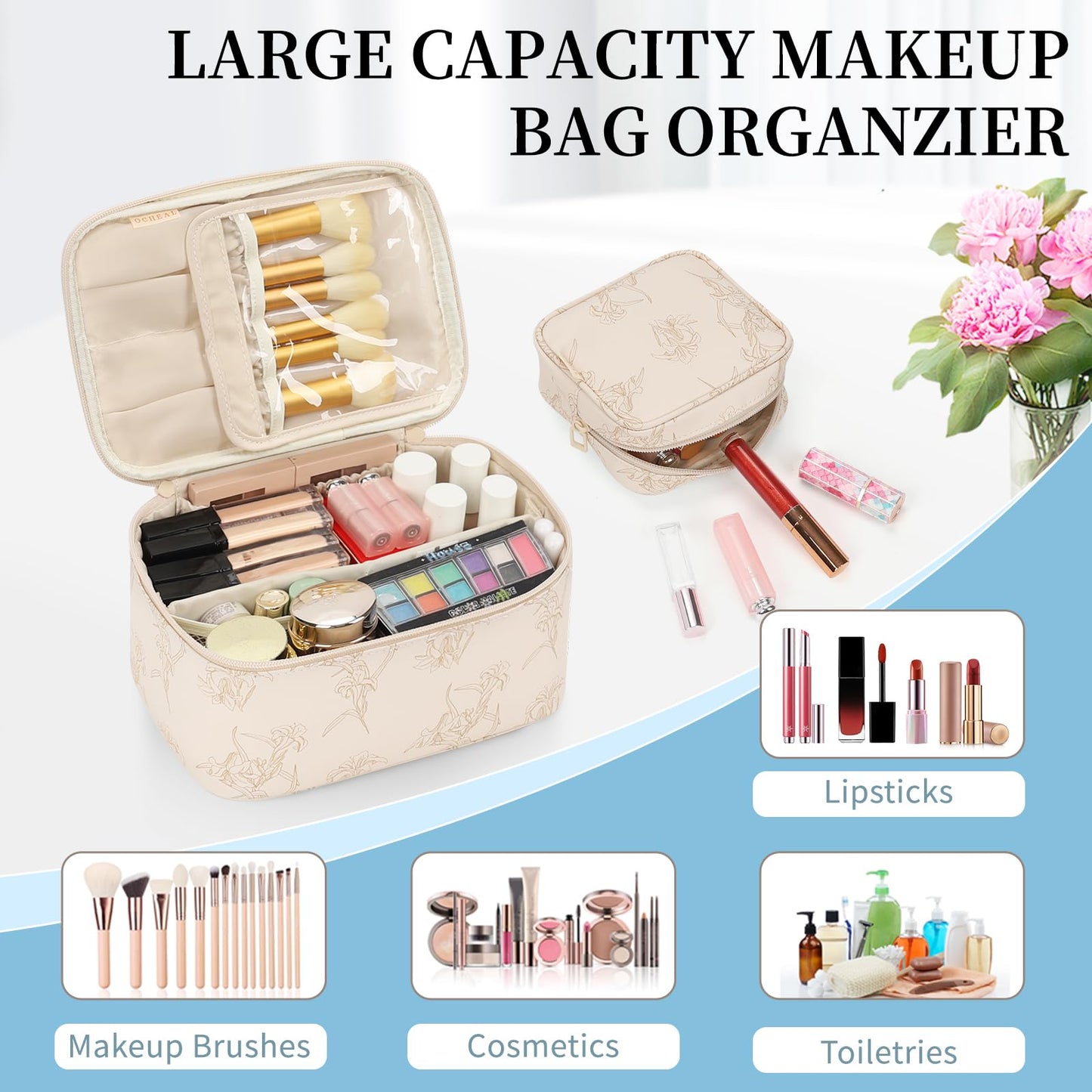OCHEAL Makeup Bag Set, Portable Travel Makeup Bags Cosmetic Organizer Bag for Women Cute Floral Cosmetic Pouch Large Capacity Make up Bag PU Leather Toiletry Bags with Divider and Handle-Beige