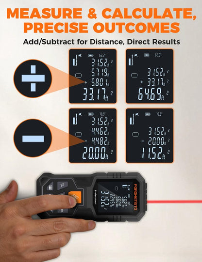 Laser Distance Meter POROMETISTO 262ft/80m, Digital Angle Finder,12 Modes for Angle Area Volume Pythagorean Distance, ±2mm High Accuracy, Tripod Interface Design Handheld Digital Rangefinder