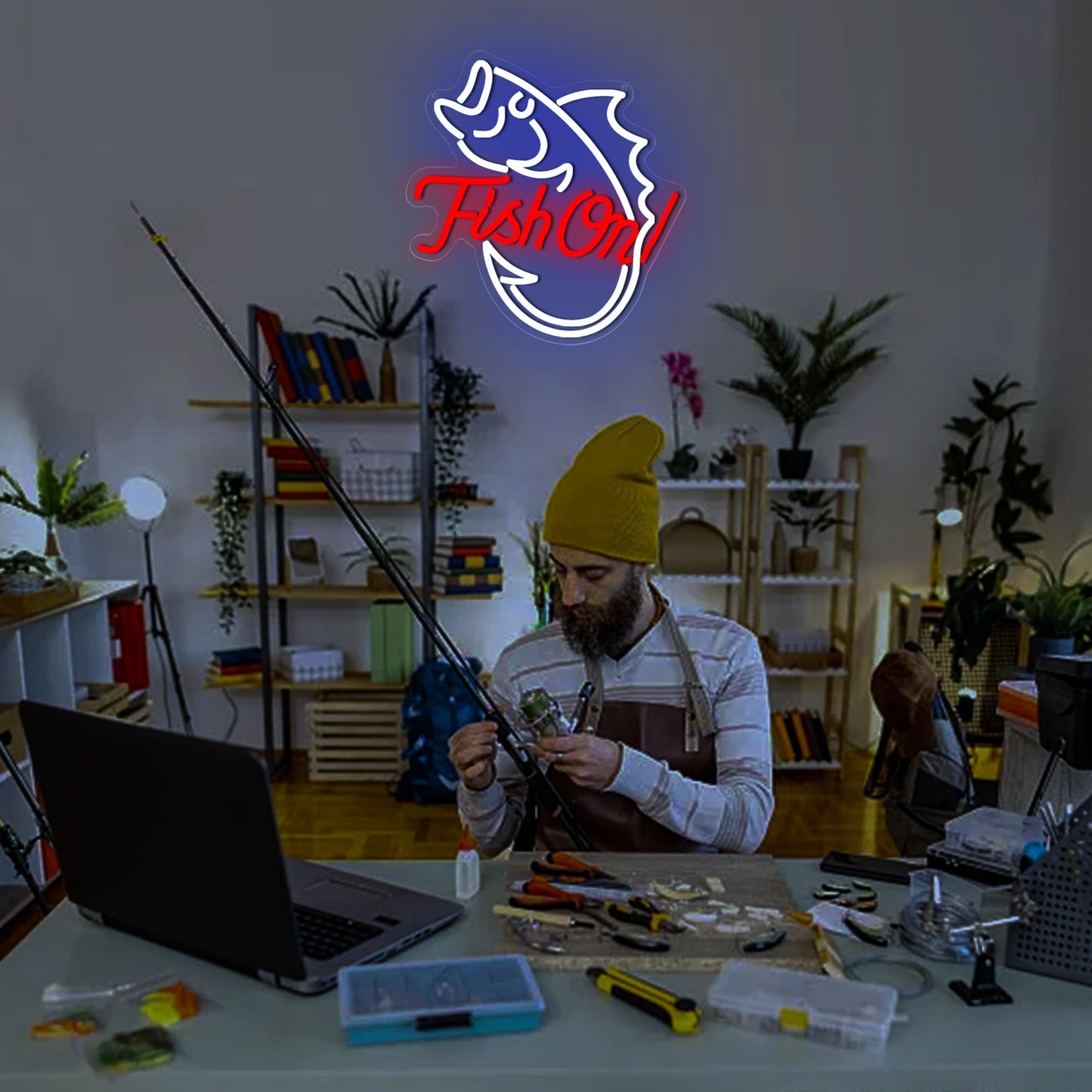 Fishing Neon Sign for Wall Decor Fishing Neon Light for Man Cave Dimmable Blue Red LED Light Up Sign for Bedroom Living Room club Party Birthday Gifts Wall Art Size12.9 * 14.4(WZCP052)