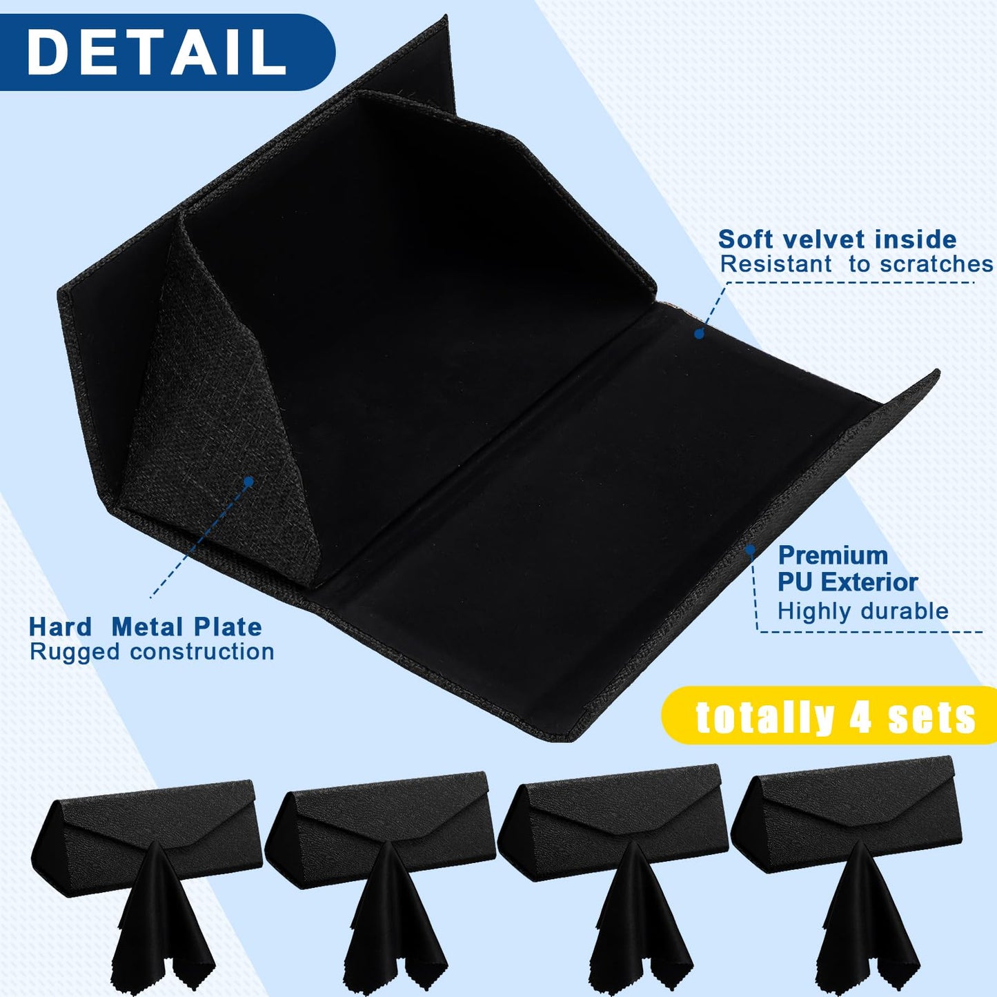 Flutesan 4 Pack Foldable Glasses Sunglasses Case PU Hard Shell Collapsible Eyeglasses Leather Case 4 Cleaning Cloths(Black Color)