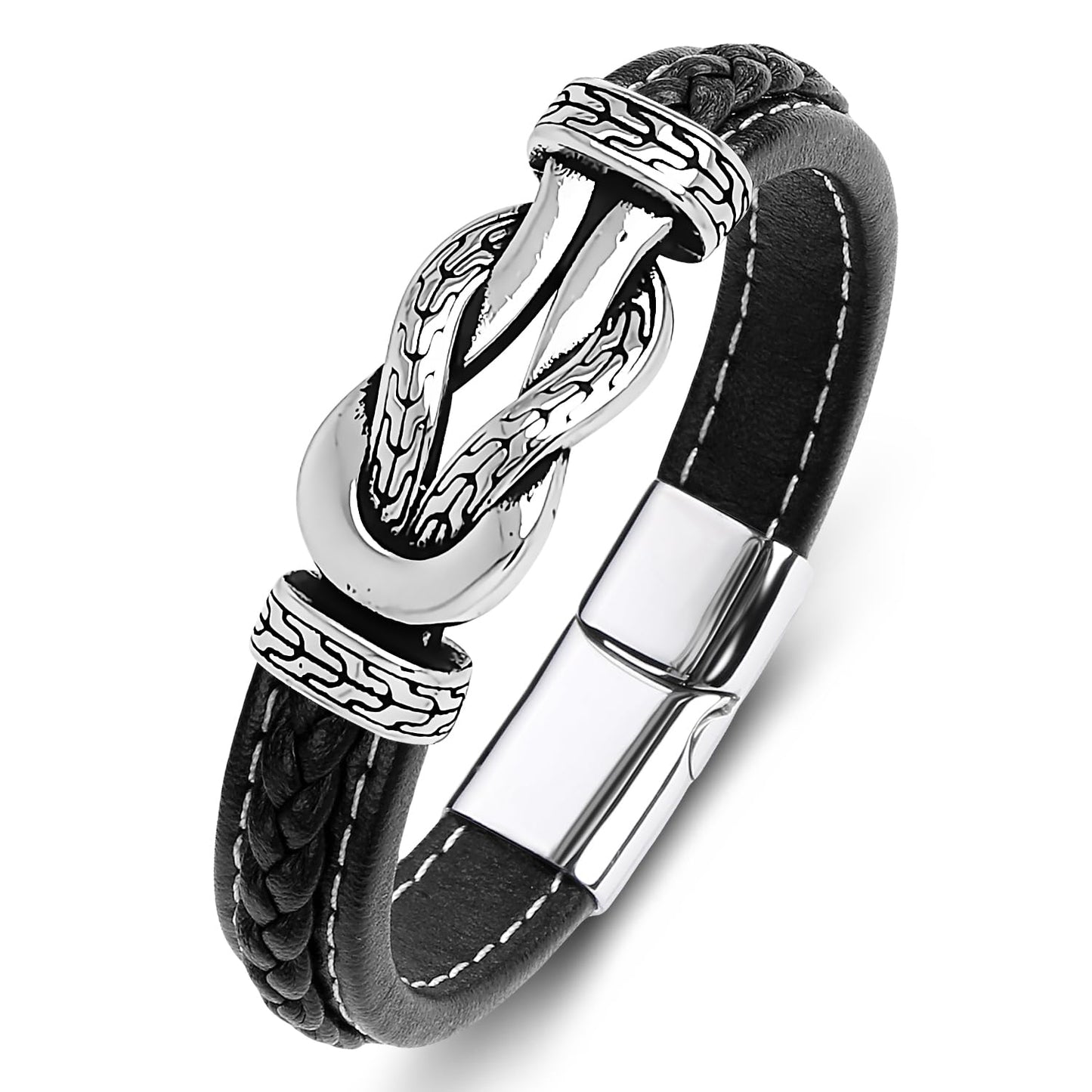 LJWVX Men's Braided Black Leather Bracelet Wristband Cuff Bracelet for Men Gifts Stainless Steel Clasp