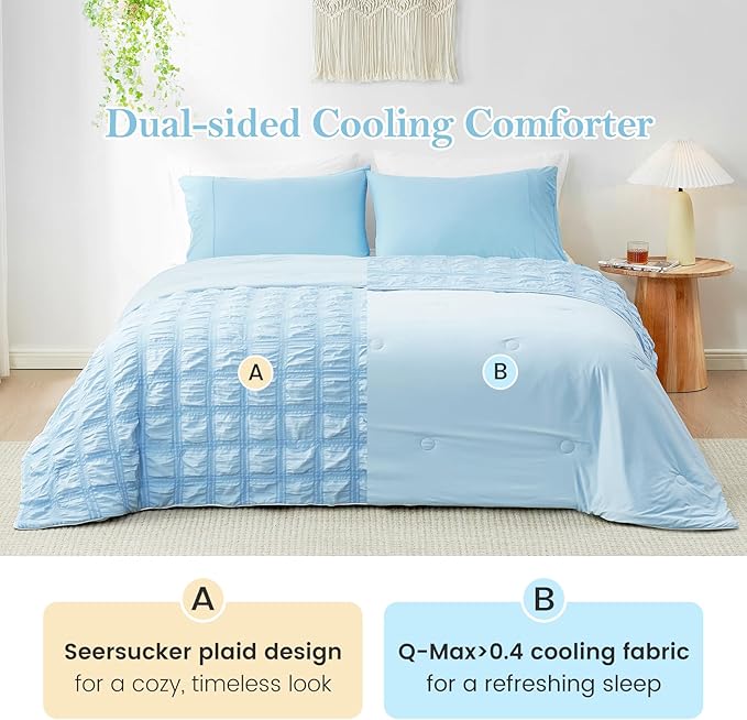 Cozy Bliss Cooling Comforter Queen Size Seersucker Plaid, Q-Max 0.4 Reversible Lightweight Cooling Blanket, Breathable Silk Smooth Summer Bedding Quilt for Hot Sleepers Night Sweats Blue