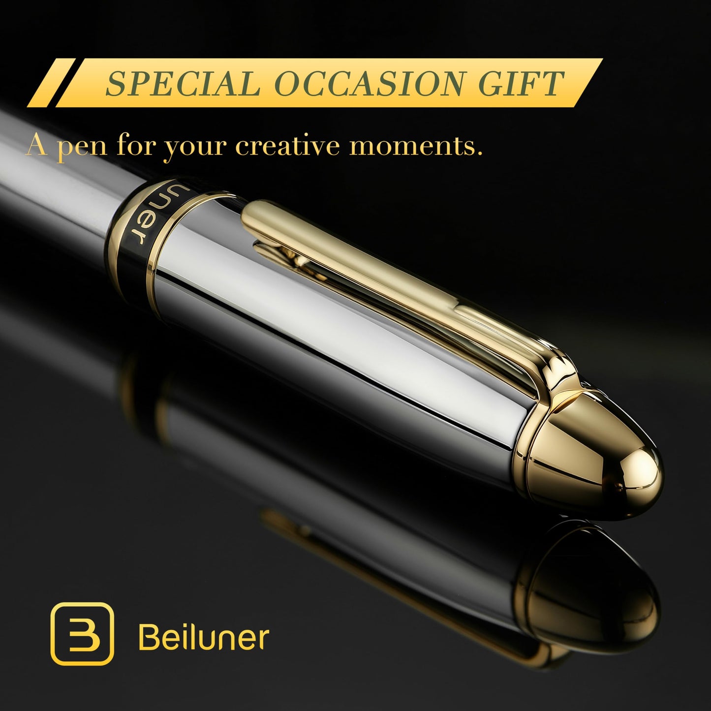 BEILUNER 315 Silver Chrome Fountain Pen,Stunning Luxury Pens with 24K Gold Accents, Gorgeous 24K Gilded Nib(Medium), Ink Converter,Fancy Pen Gift for Men&Women-Elegant, Office, Reliable, Nice Design