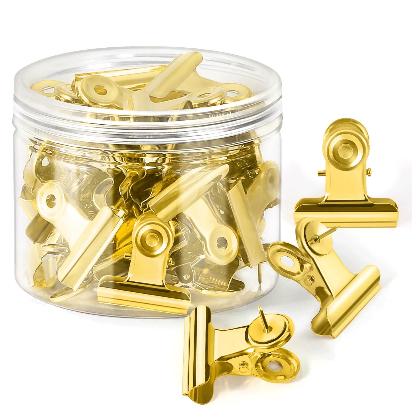 GOOLADA 36Pcs Push Pins Clips, Metal Thumb Tacks, Gold Thumbtacks with Clips, Gold Push Pins for Bulletin Board, Wall,Cork Board, No Holes