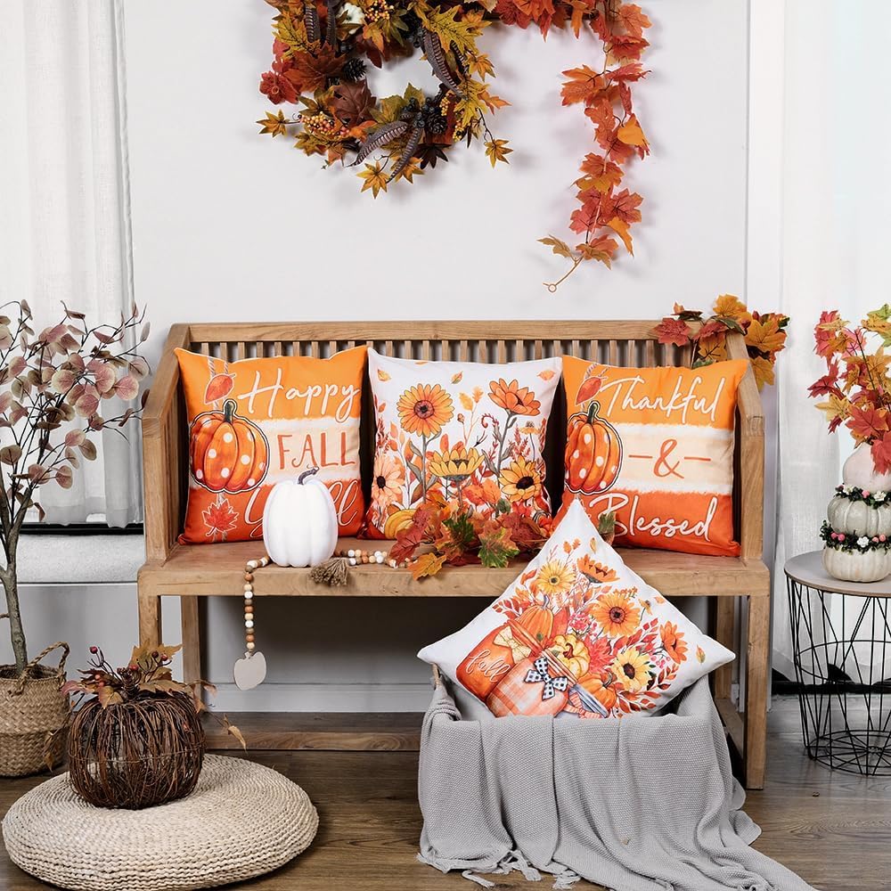 GEEORY Fall Sunflower Pumpkin Thanksgiving Pillow Covers 18x18 Set of 4