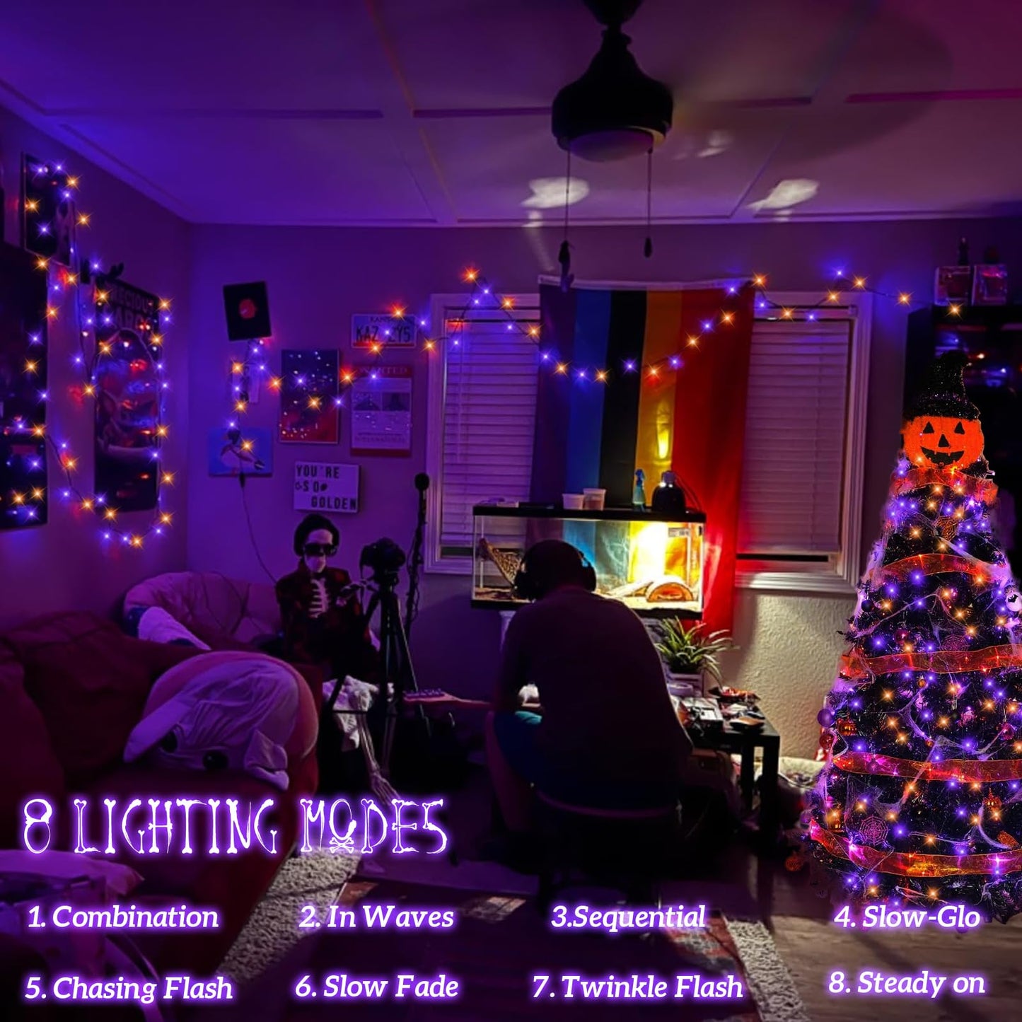 QITONG 165ft 500 LED Orange and Purple Halloween Lights Outdoor Waterproof, String Lights for Outside with 8 Modes, Green Wire Twinkle Lights Plug in Indoor