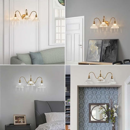 Vintage 3-Light Wall Sconces Modern Brass Bathroom Vanity Lighting Fixtures Glass Retro Vanity Light for Bedroom, Bathroom, Doorway, Foyer, Hallway Light