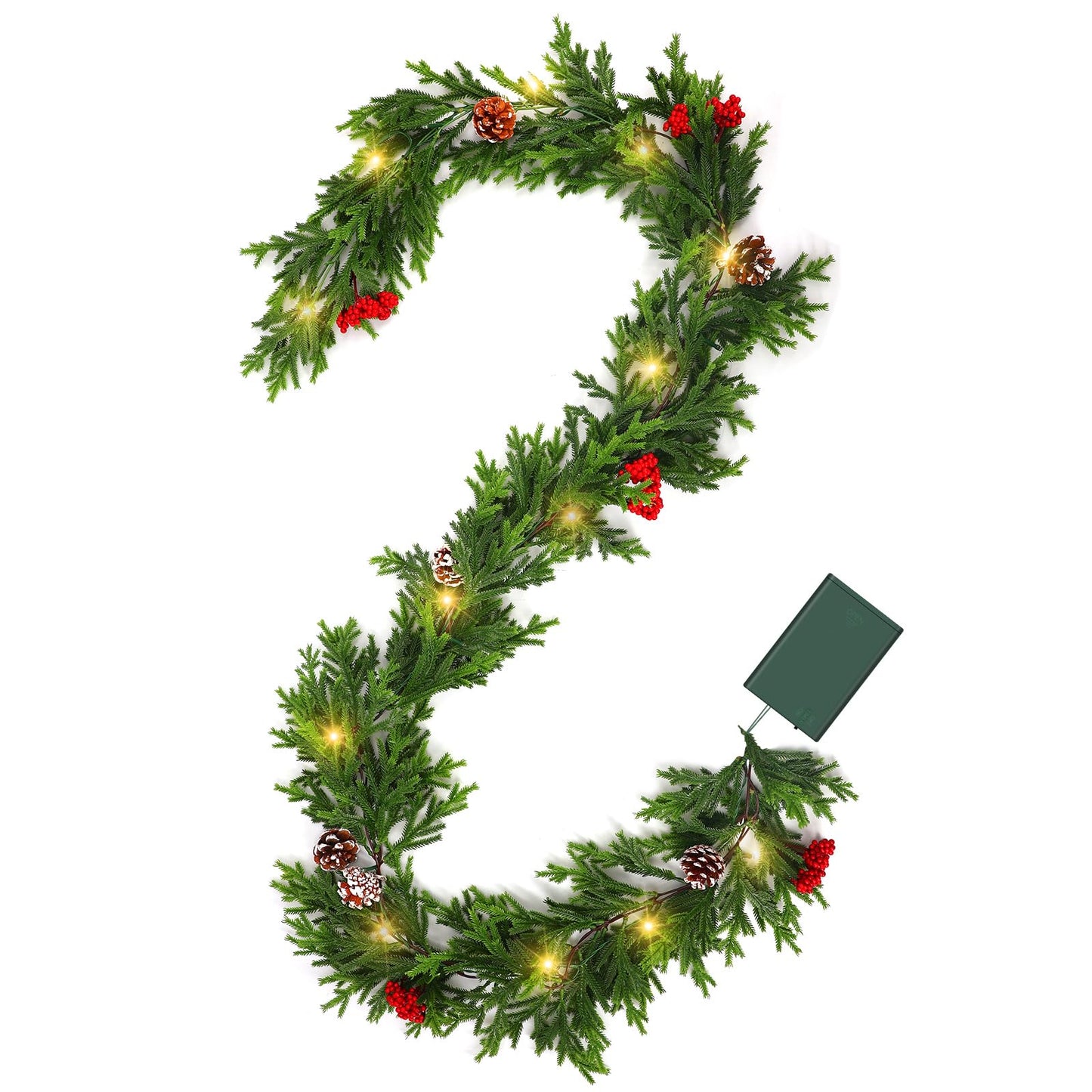 6FT Prelit Christmas Garland with Lights, Realistic Cedar Garland with Red Berries Pine Cone Artificial Real Touch Greenery Lighted Xmas Garland for Mantle Stair Railing Fireplace Decorations