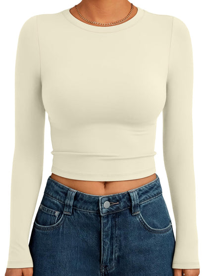 Trendy Queen Womens Long Sleeve Crop Tops Basic Slim Fitted Shirts Fashion 2025 Going Out Y2k Tops Teen Girl Clothes