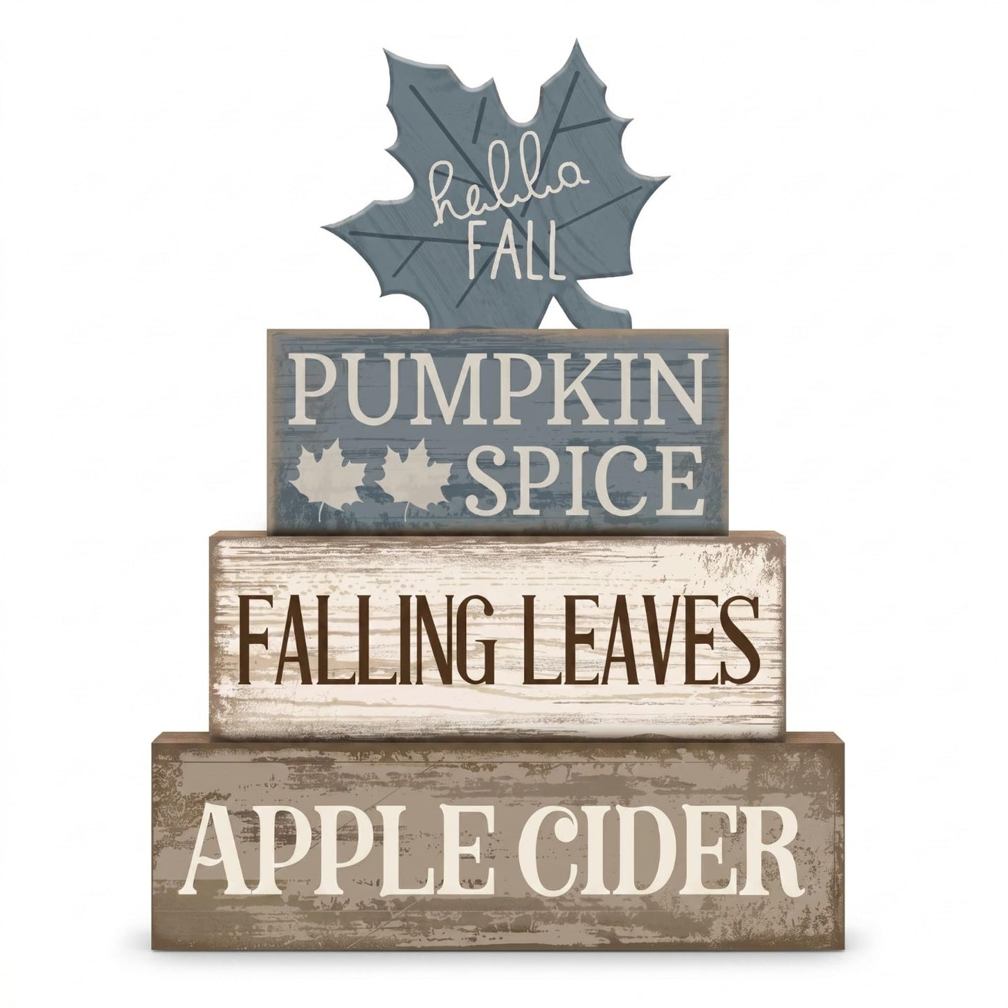 Moucuny 4 Pcs Fall Table Decoration Rustic Blue Maple Leaf Stacked Wooden Block Decor Thanksgiving Tiered Tray Decor Blue and White Maple Leaf Block Sign Gift Fall Centerpiece for Harvest Home Kitchen
