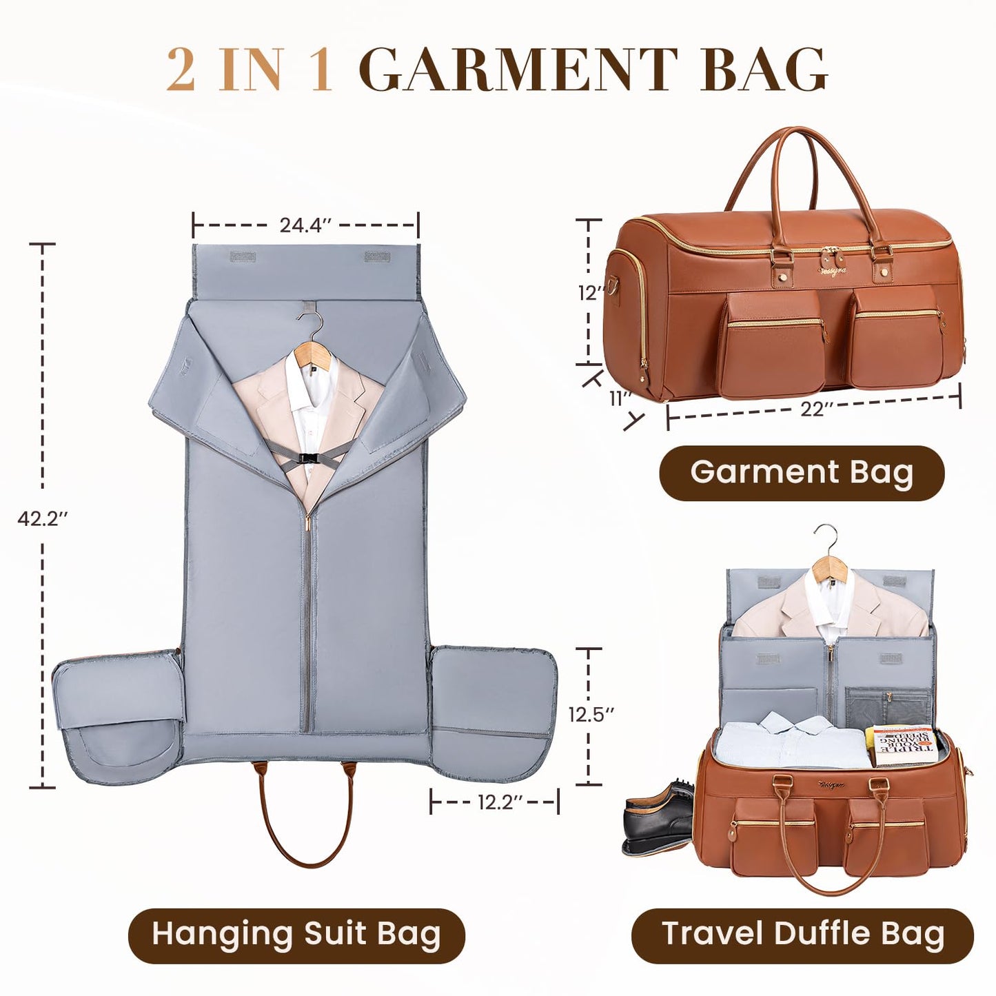 Suit Bag,Vessgra 56L Garment Bags for Travel,2 in 1 Leather Duffle Bags for Men Women, PU Leather Convertible Travel Bag with Shoe Compartment,Work Weekender Bussiness Wedding,Reddish Brown
