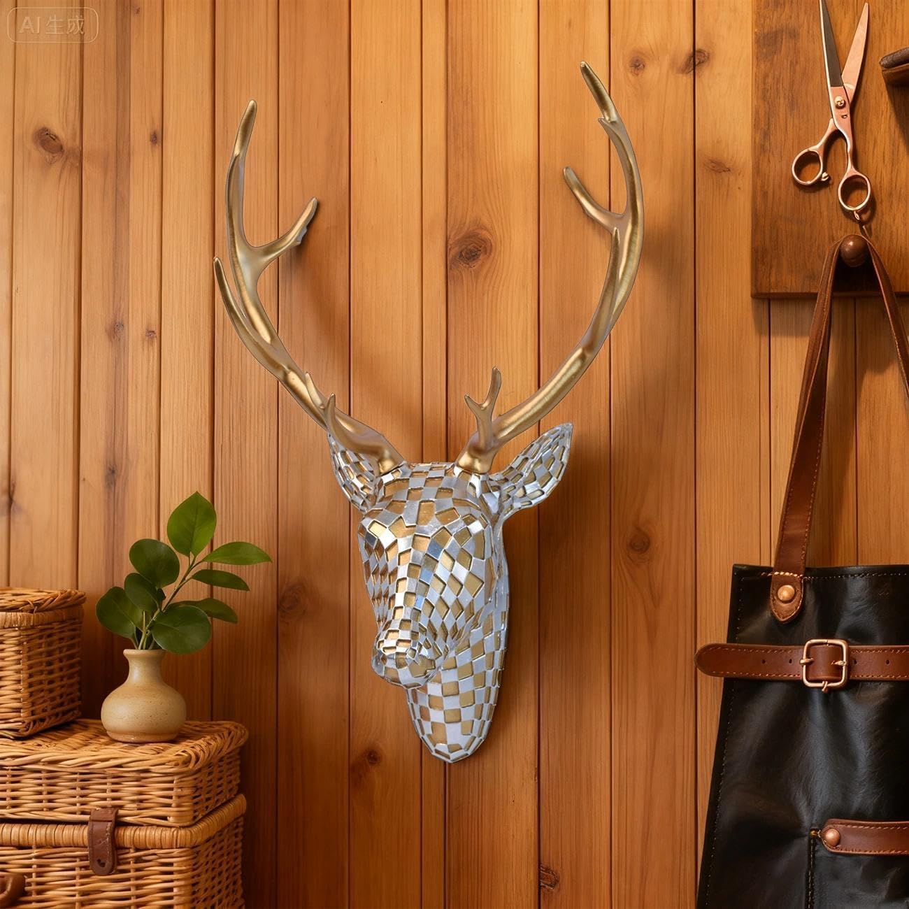 GIGICICI Mosaic Deer Head Wall Decor 15.7x8.7 Inch, Artistic Faux Resin Animal Head Wall Sculpture Hanging for Living Room Bedroom Kitchen Office, Gold-Silver Gift