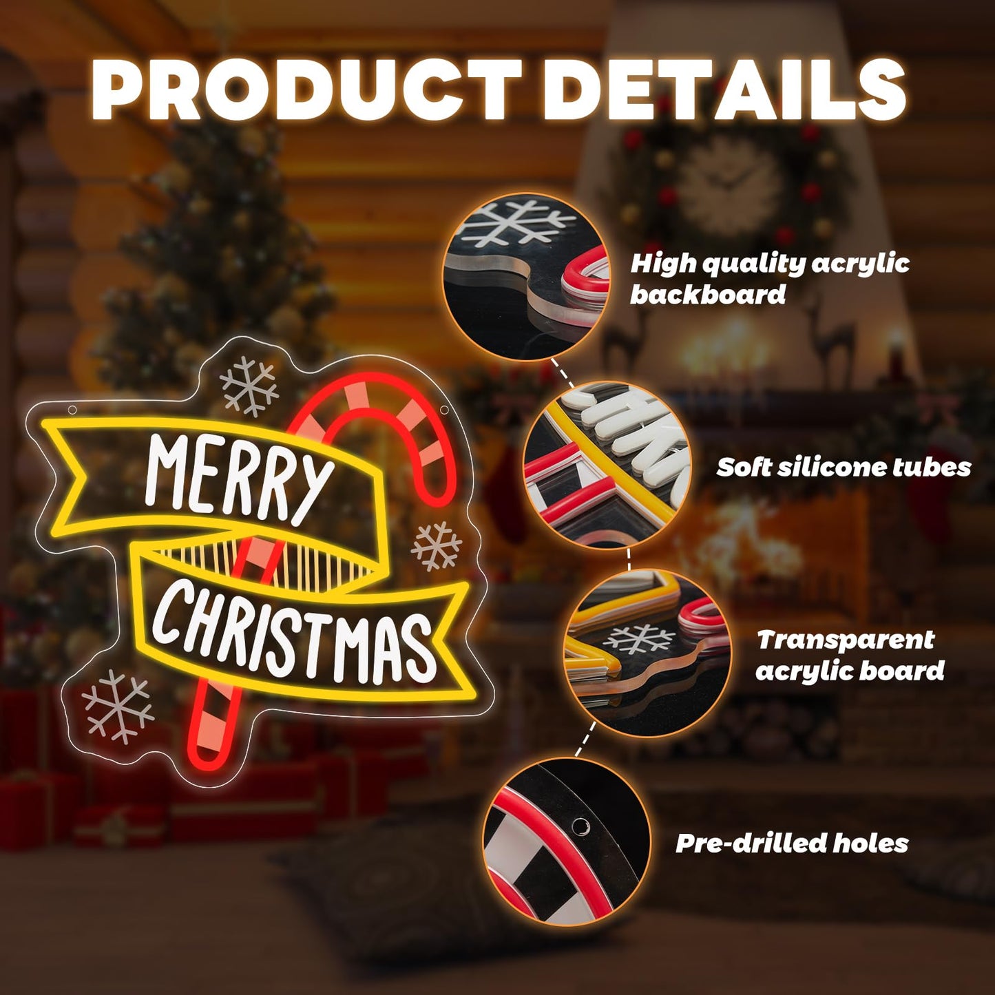 Merry Christmas Neon Signs, Dimmable Merry Christmas LED Light Sign, Xmas Candy Cane Sign for Holiday Party Home Bar Decoration, USB Powered Neon Light for Xmas Party Bedroom Bar Club