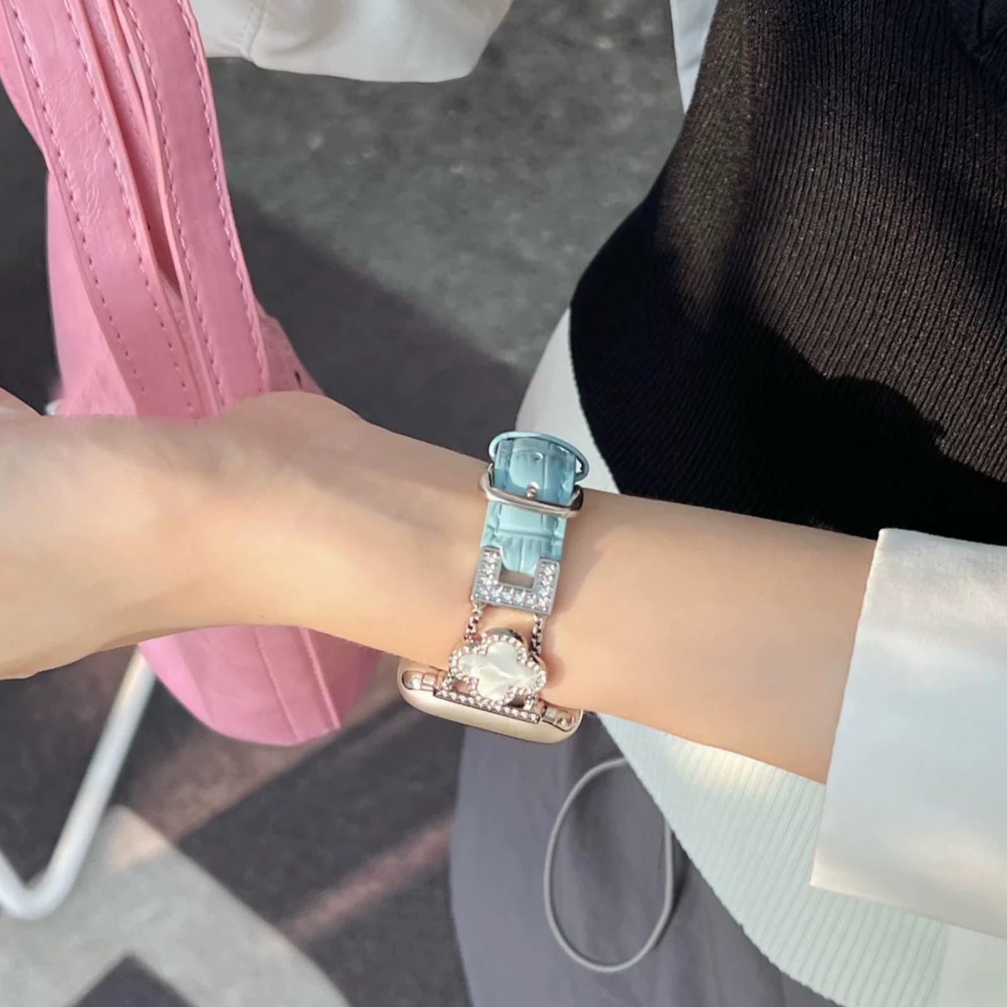 Nixiamy Four-Leaf Clover Thin Leather Bands Compatible with Apple Watch Bands 38/40/41/42mm,Alligator Leather Bracelet for Apple Watch Watch Series 10 9 8 7 6 5 4 3 2 1 SE Ultra for Women