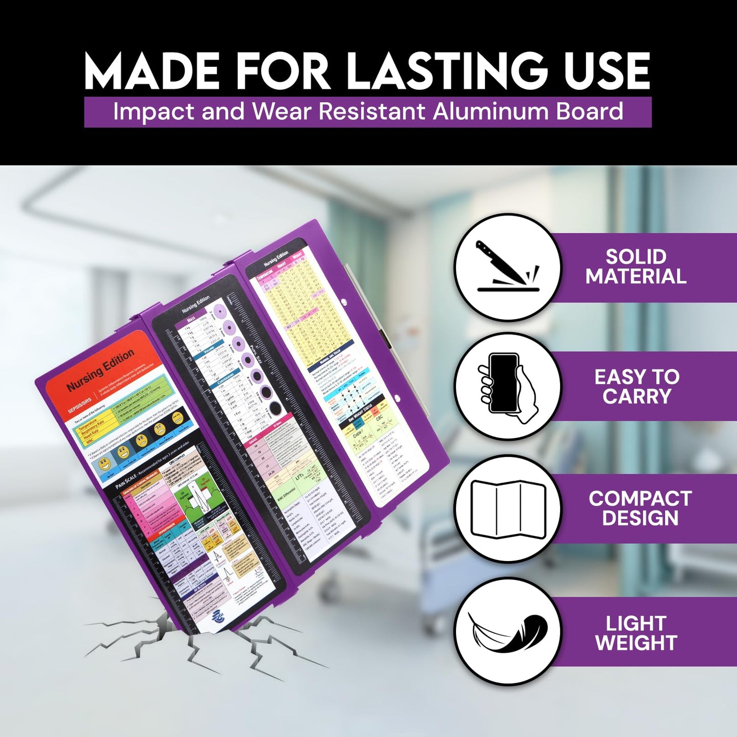 Nursing Clipboard with Nursing and Medical Edition Cheat Sheets 3 Layers Aluminum Foldable Nurse Clip Board Nursing Student Essentials - Foldable Clipboard Nursing Nursing School Essentials (Purple)