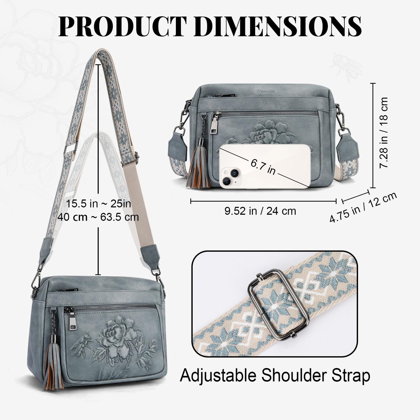 VIMUTI Crossbody Bags for Women Trendy, Vegan Leather Crossbody Purses Travel Shoulder Handbags Embossed Design (Blue)