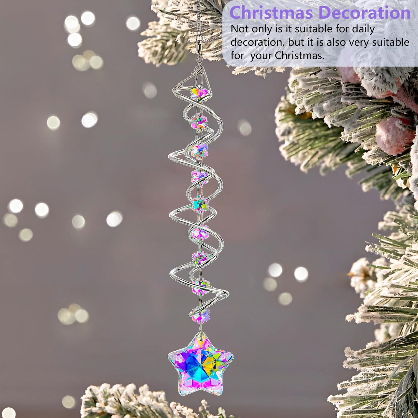H&D HYALINE & DORA 21inch Crystal Suncatcher for Window Hanging Double-Spiral Design Gazing Ball Spiral Tail Wind Spinners Sun Catchers Rainbow Maker Indoor Outdoor Christmas Decoration