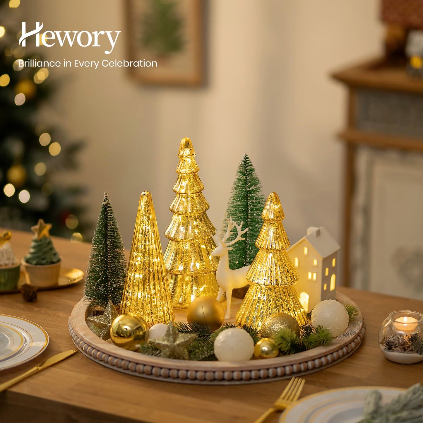 Hewory Mercury Glass Christmas Tree: Set of 3 Gold Table Top Christmas Ornaments Trees with LED Lights, Christmas Centerpiece Table Decorations Indoor for Dining Fireplace Mantel Winter Holiday Decor