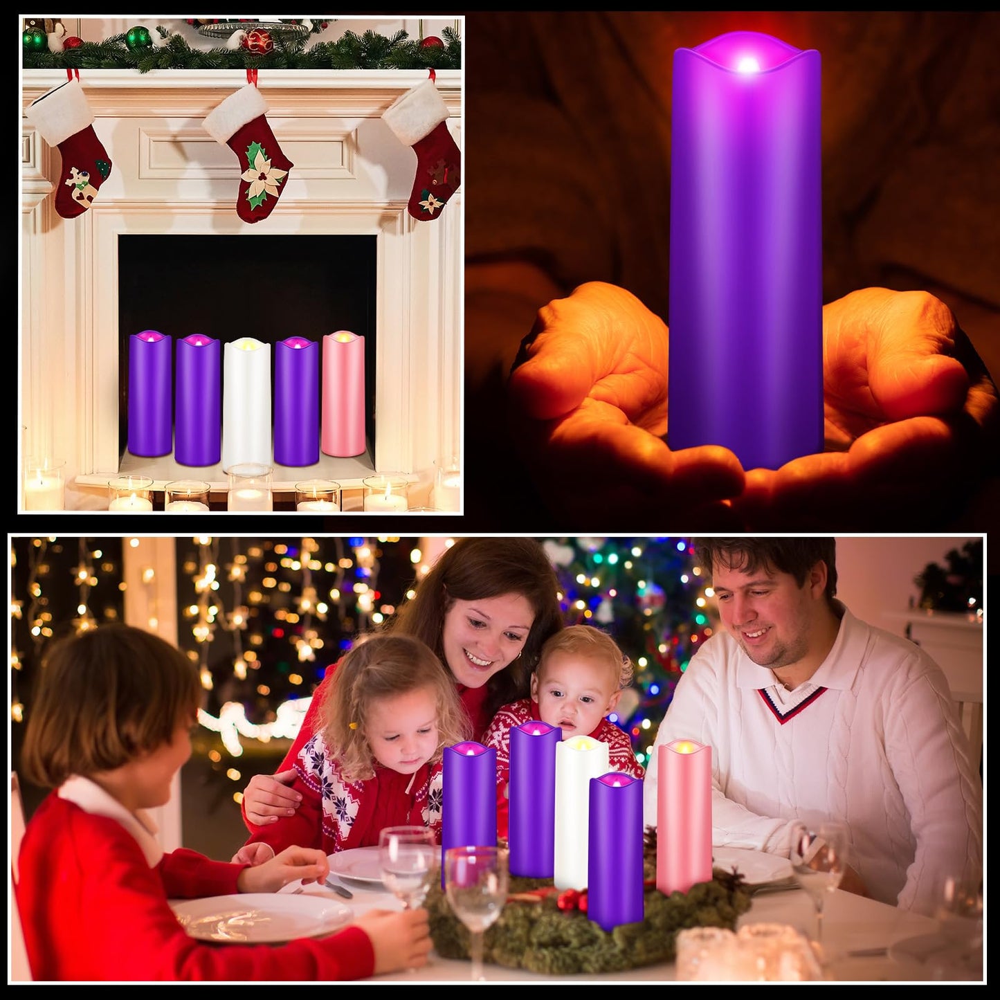 Mudder 5 Pcs Christmas Advent Pillar LED Flameless Candles - Purple, Pink, White Taper Candles for Wreath
