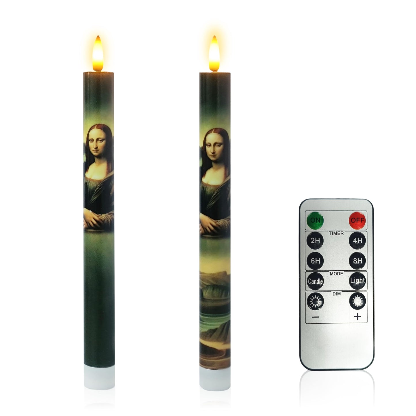 Mona Lisa Flameless Taper Candles - 10 Inch Set of 2 with Remote, Da Vinci Art Print LED Candles, Battery Operated Decorative Candles for Artistic Home Decor for Living Room, Study, Art Lover Gift