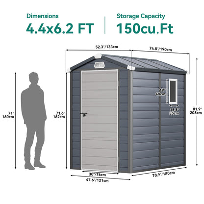 YITAHOME 4.4x6FT Resin Storage Unit sans Flooring, All-Weather Plastic Shed with Window, Vents and Secured Doors, Outdoor Plastic Tool Cabin for Poolside, Lawn, Backyard, Patio, Dark Gray